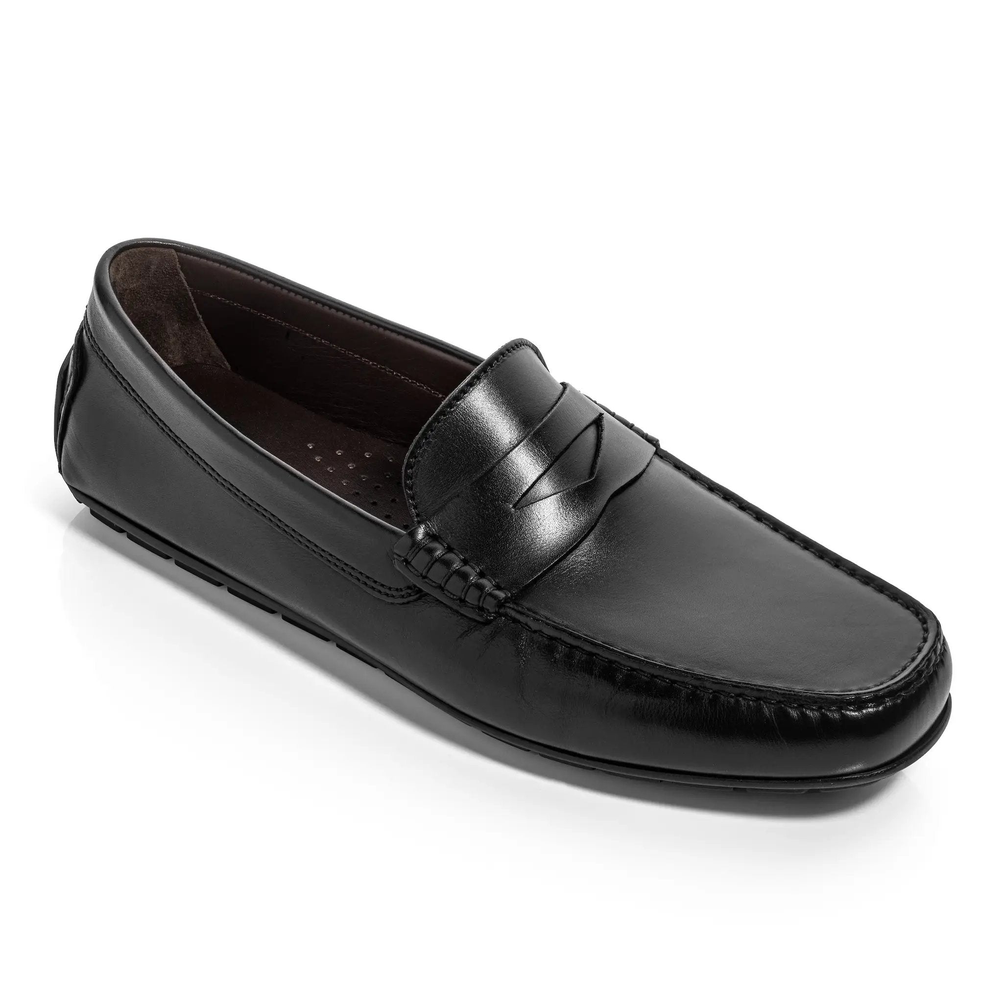 Adelaide black calf leather driving shoe with hand-stitched moc-toe and segmented driver sole