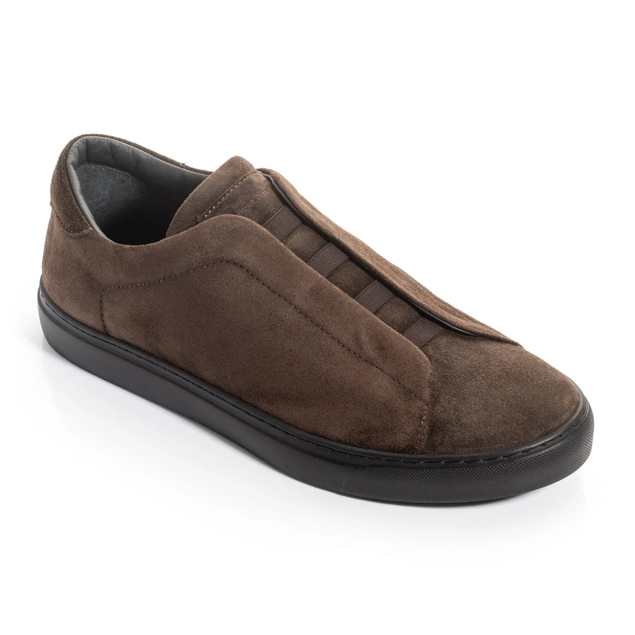 Stone Brown Suede/Black Sole Elastic Slip-On Sneaker by To Boot New York