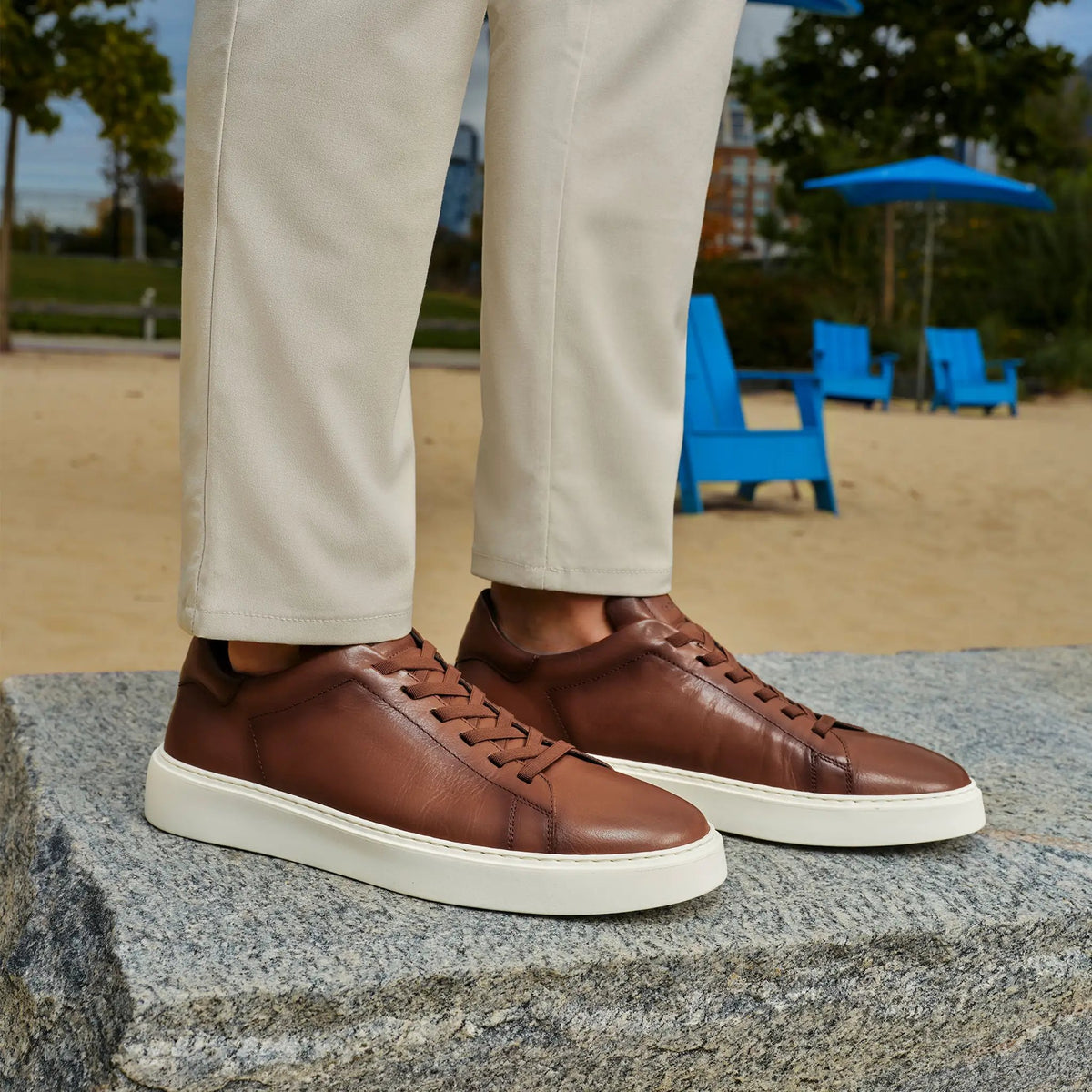 James Tan Leather Stretch Lace Luxury Low-Top Sneaker by To Boot New York
